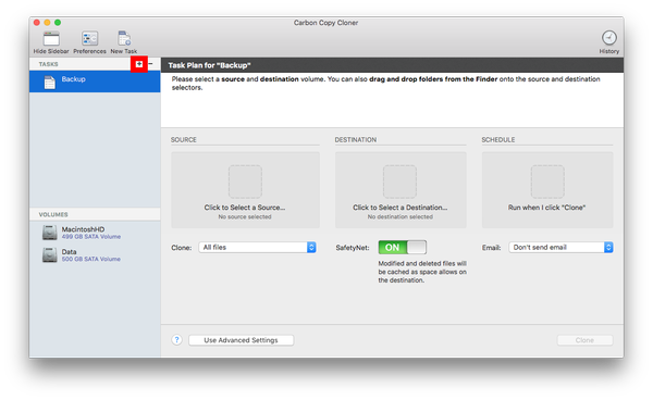 Figure 1: one-window-interface of CCC4 with open sidebar with the backup tasks on the left side