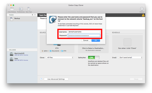 Figure 5: username and password for accessing the network volume